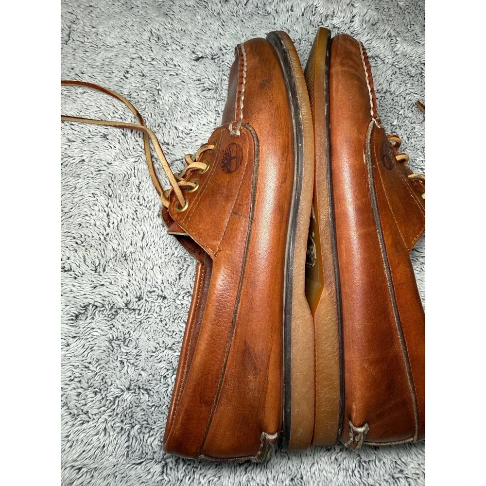 Vintage Timberland USA Made 10M Leather Camp Moc Shoe Vibram Sole Brown Handsewn
